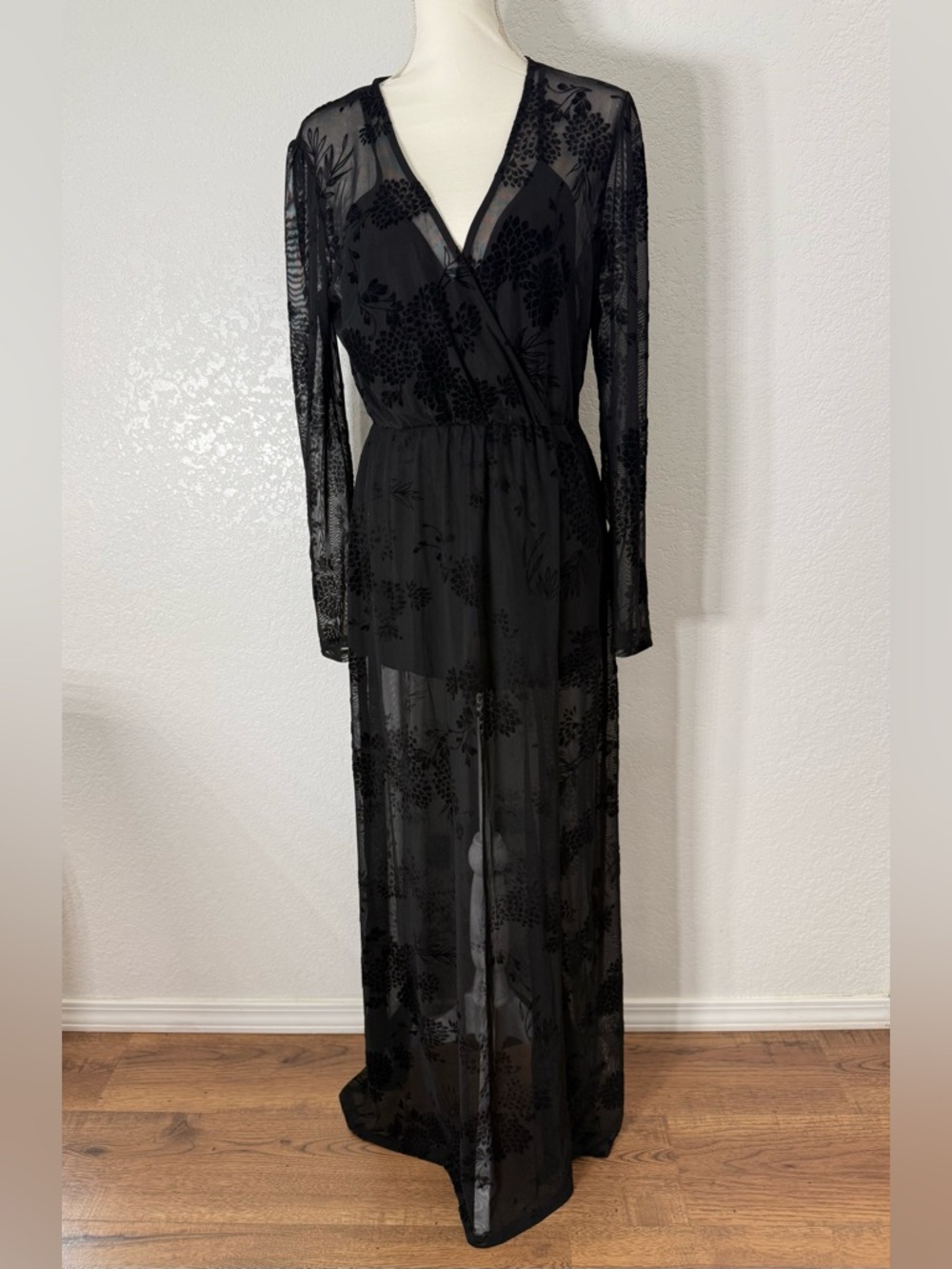 LUSH Black Floral Sheer  Wrap jumpsuit Long sleeve straight Leg surplice M